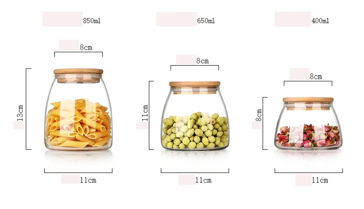 400/650/850ml Borosilicate Glass Jar, Kitchen Use Food Storage Container Jar with Sealed Bamboo Lid