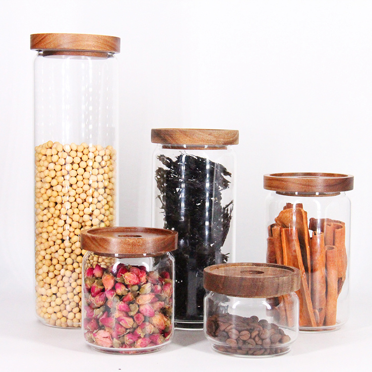 500ml 1L 2L Airtight Canister Bottle with Acacia Wood Lid Coffee Glass Jar