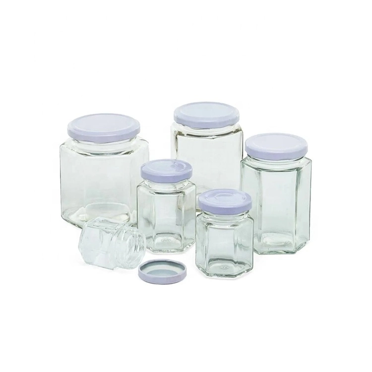 Empty Unique Clear Canning Food Jam Storage Hexagon Glass Honey Jar with Metal Lids/Mason Jar