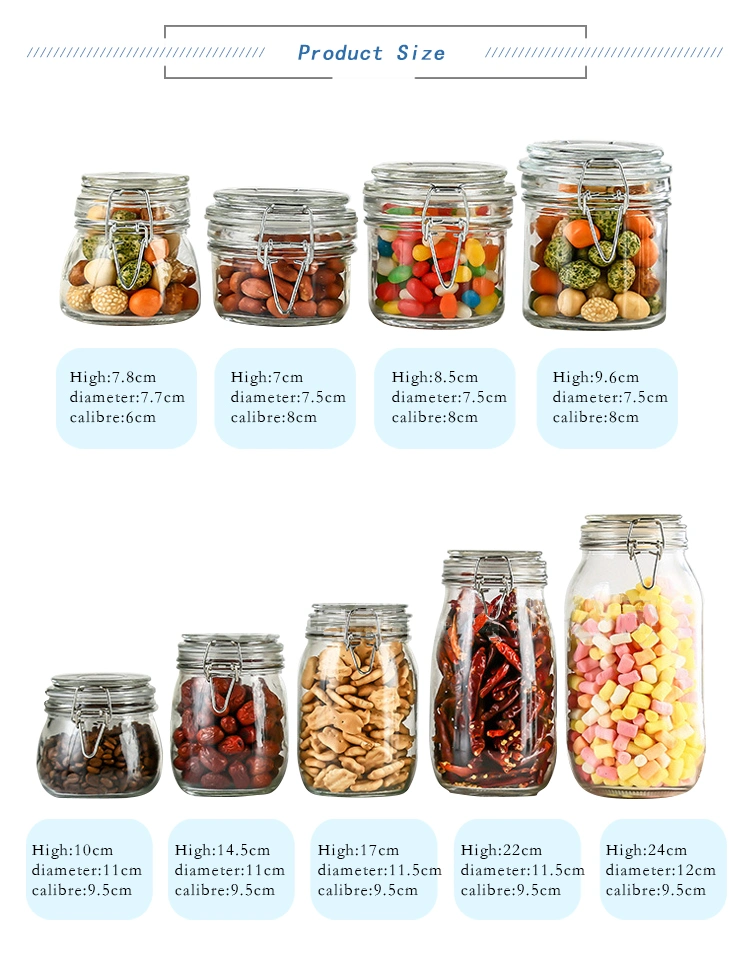 Custom 750ml Clear Round Kitchen Food Airtight Clip Glass Storage Jar with Glass Lid