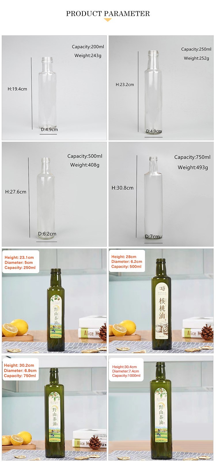 FDA Certificated Various Specifications Olive Oil Glass Bottle