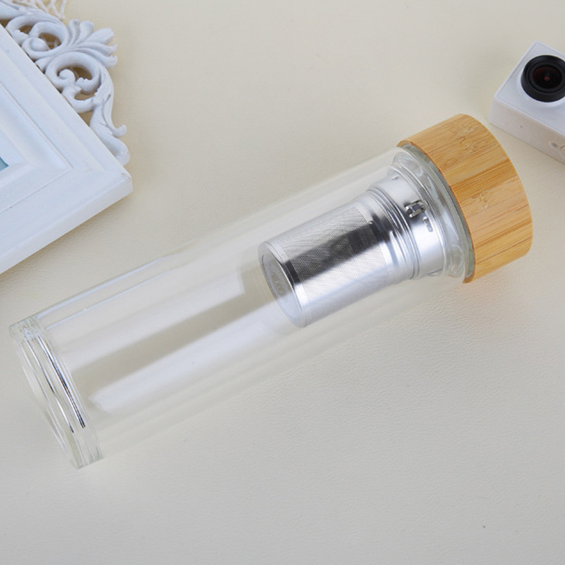 Double Wall Borosilicate Glass Drinking Water Bottle Bamboo Lid Infuser 2021