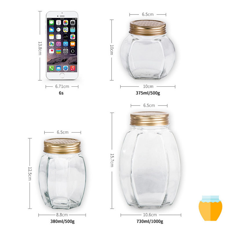 500g 1000g Hexagon Shape Glass Honey Jar with Sealing Lid