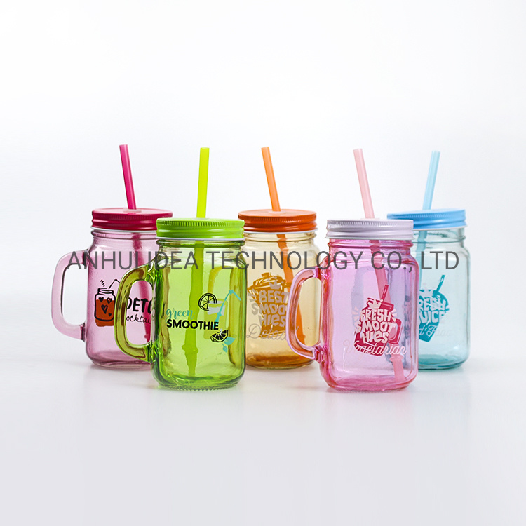 500ml Ice Cold Drink Colored Glass Mason Jar with Straw Metal Lid