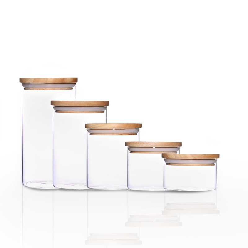 Spice Cylinder Glass Jars with Bamboo Wood Lid and Silicone Ring