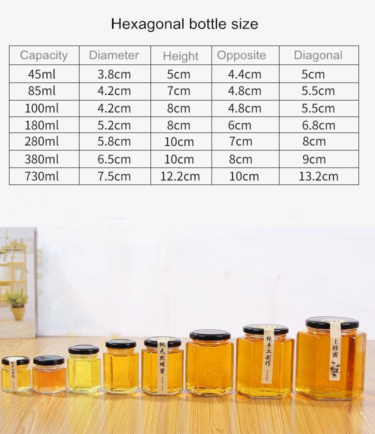 Hexagon Food Storage Container Glass Honey Jar 100ml 180ml 280ml 380ml 730ml