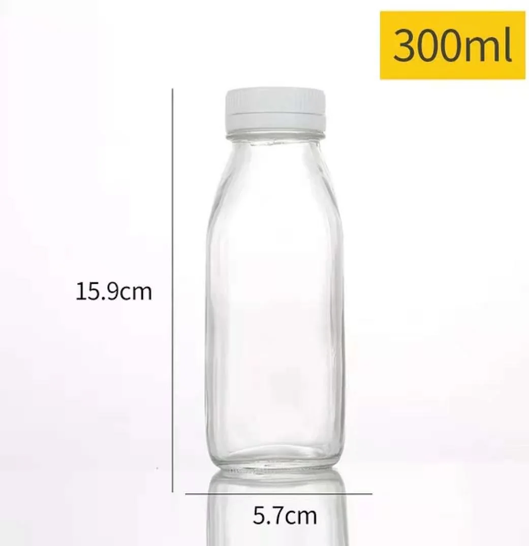 Wholsale 300ml Square Juice Milk Glass Bottle with Tamper Proof Plastic Lid