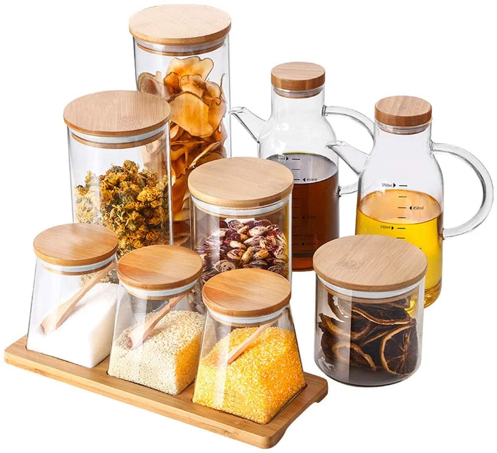 High Borosilicate Glass Seasoning Bottle Kitchen Glass Oil Storage Bottle Glass Jar with Wooden Lid