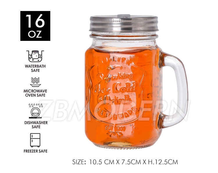 Empty Manufacturer 16oz Transparent Empty Drinking Ice Cold Drink Glass Mason Jar with Lid Handle