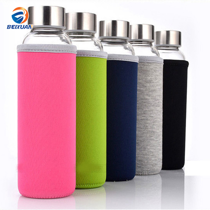 280ml Glass Sports Water Bottles with Different Color Cover Customized Logo