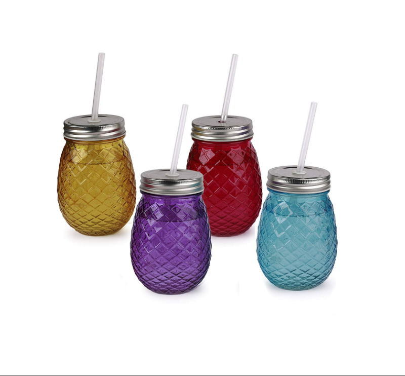 Four Piece Pineapple Mason Mug Glass Mason Jar with Metal Cover