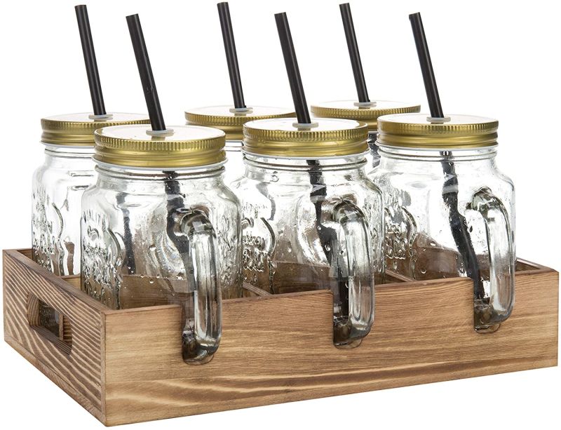 Set of 6 Glass Mason Mug Glass Jars with Lids and Wood Caddy for Gift