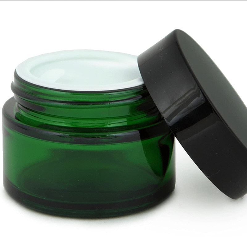 1oz Green Glass Cream Jars with Inner Liners Black Lids