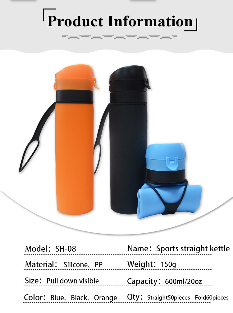 600ml Collapsible Silicone Water Bottle, Silicone Foldable Water Bottle