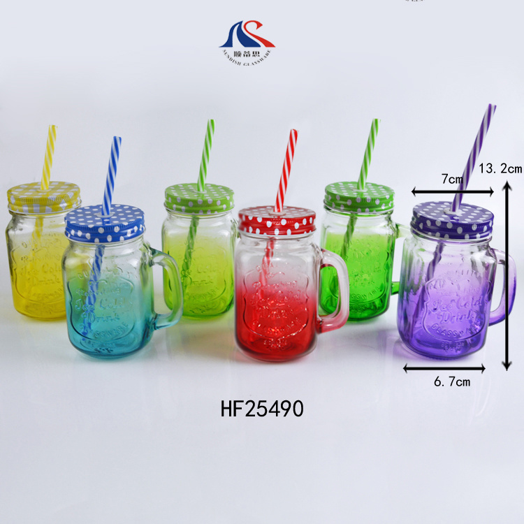 Beverage Ice Cold Drinking Custom Embossed Mason Glass Jars with Handle