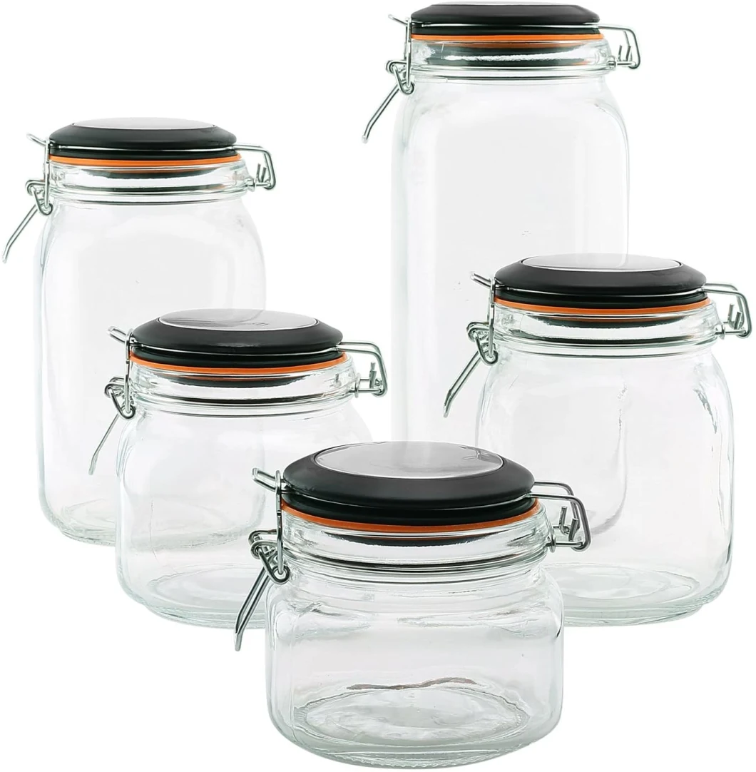 Set of 5 Clear Glass Kitchen Canisters Canning Jars with Airtight Black Lid