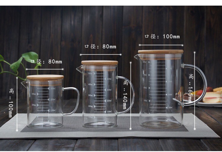 Glass Measuring Cup with Handle and Wood Lid 350ml 500ml 1000ml