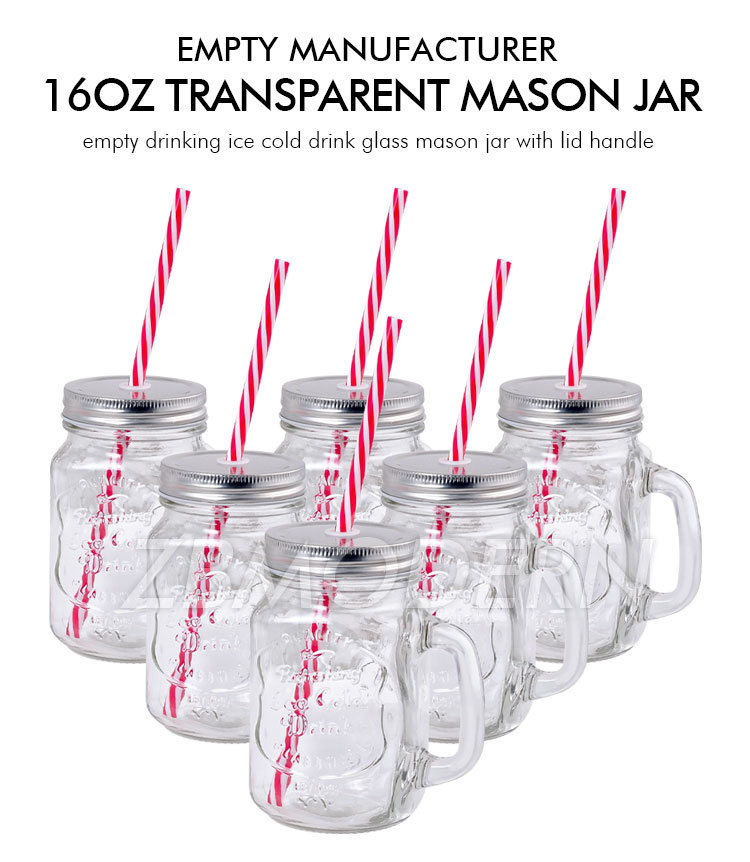 Empty Manufacturer 16oz Transparent Empty Drinking Ice Cold Drink Glass Mason Jar with Lid Handle