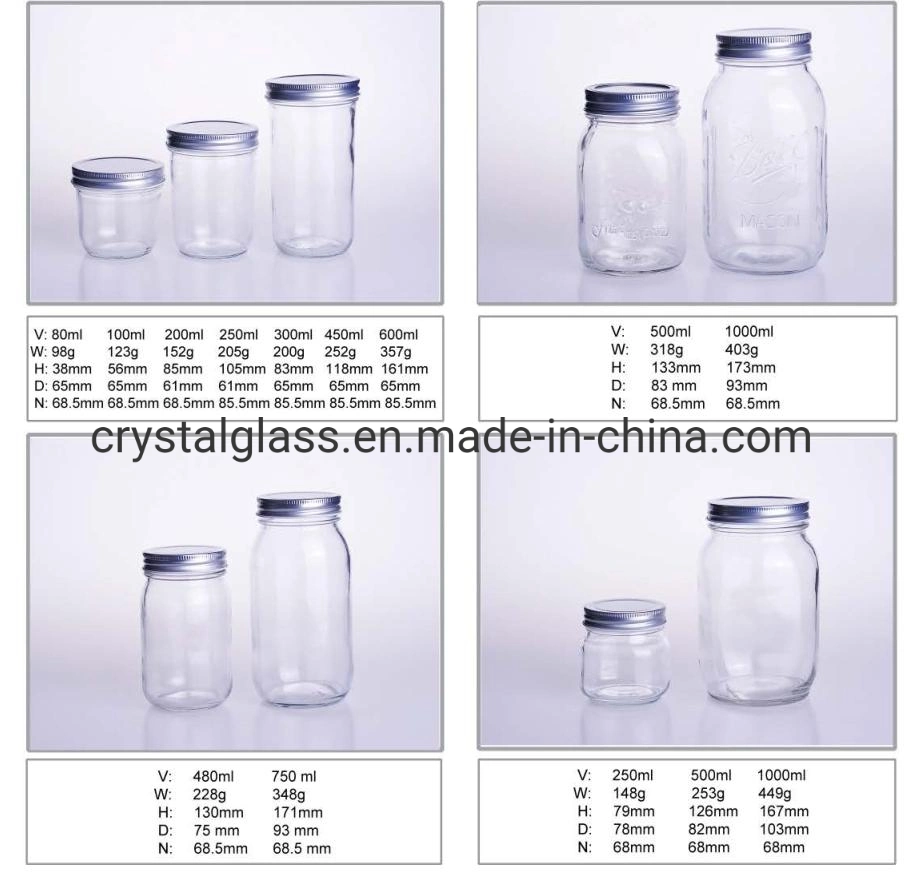 250ml 480ml 1000ml Clear Mason Jam Glass Jar with Metal Lids