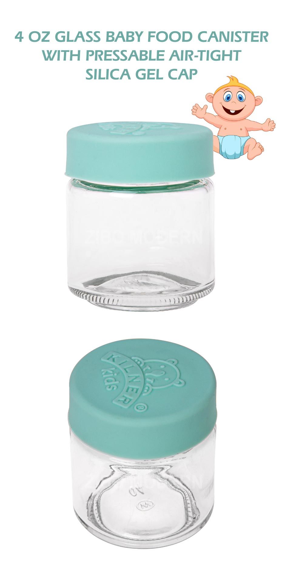 4 Oz Glass Baby Food Canister with Press-Able Air-Tight Silica Gel Cap