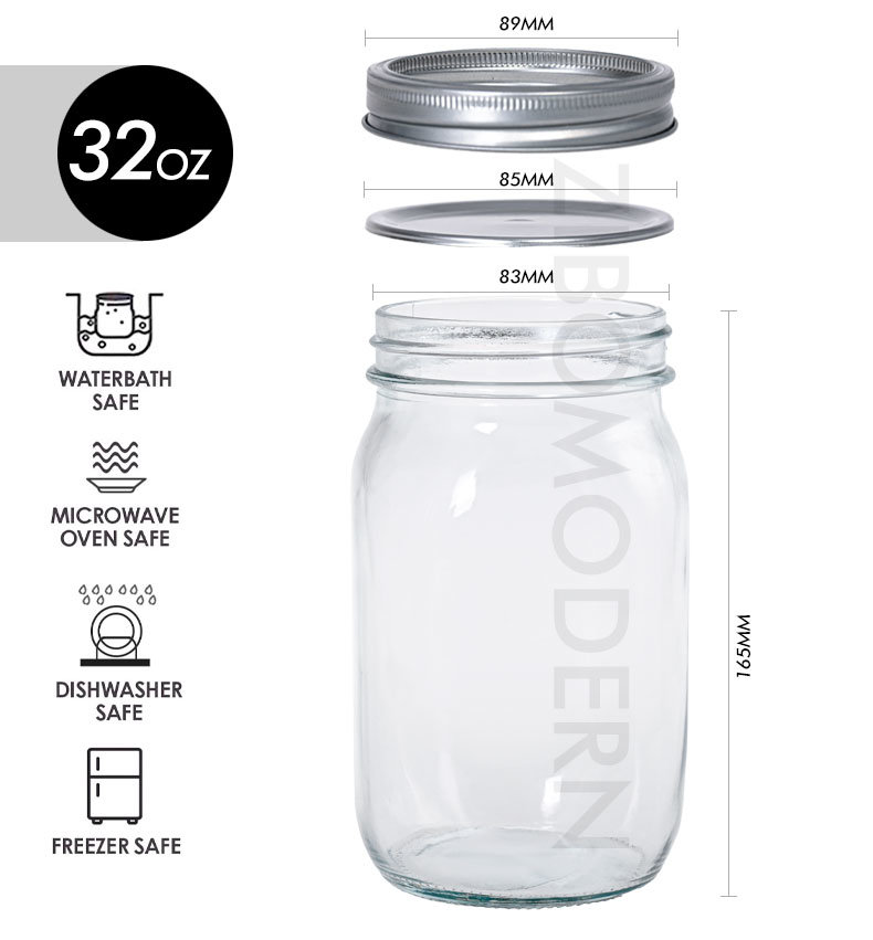 Wholesale Glass Mason Jars with Regular Lids and Bands 32 Oz Mason Jars