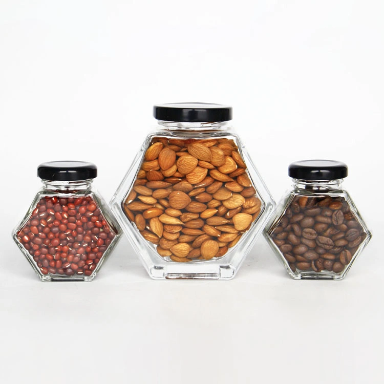Hexagonal Clear Storage Glass Honey Jars Containers with Lid for Jam Fruit Sauce Honey