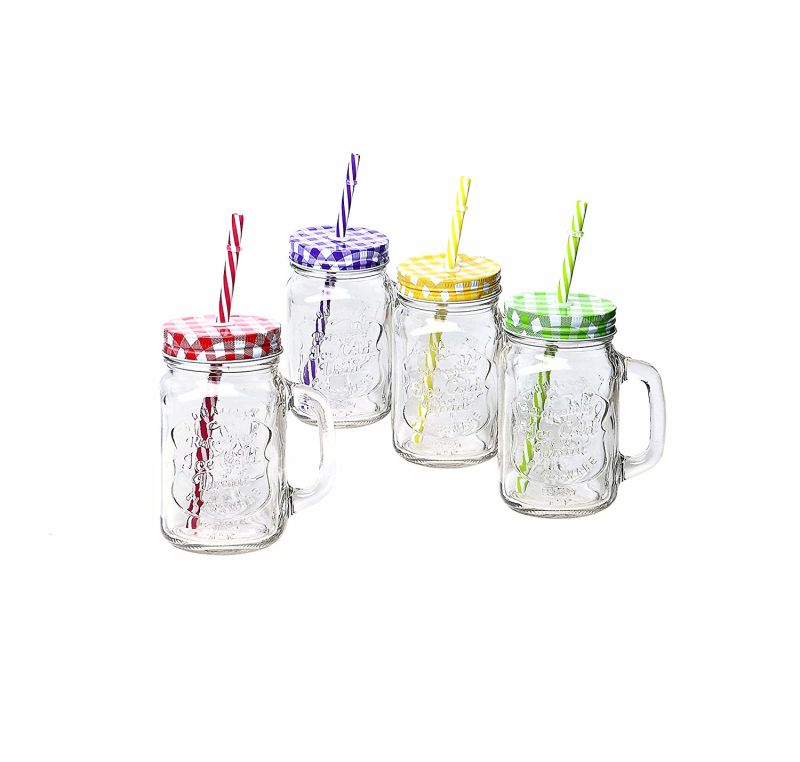 Glass Mason Cup Juice Glass Bottle with Color Striped Cover