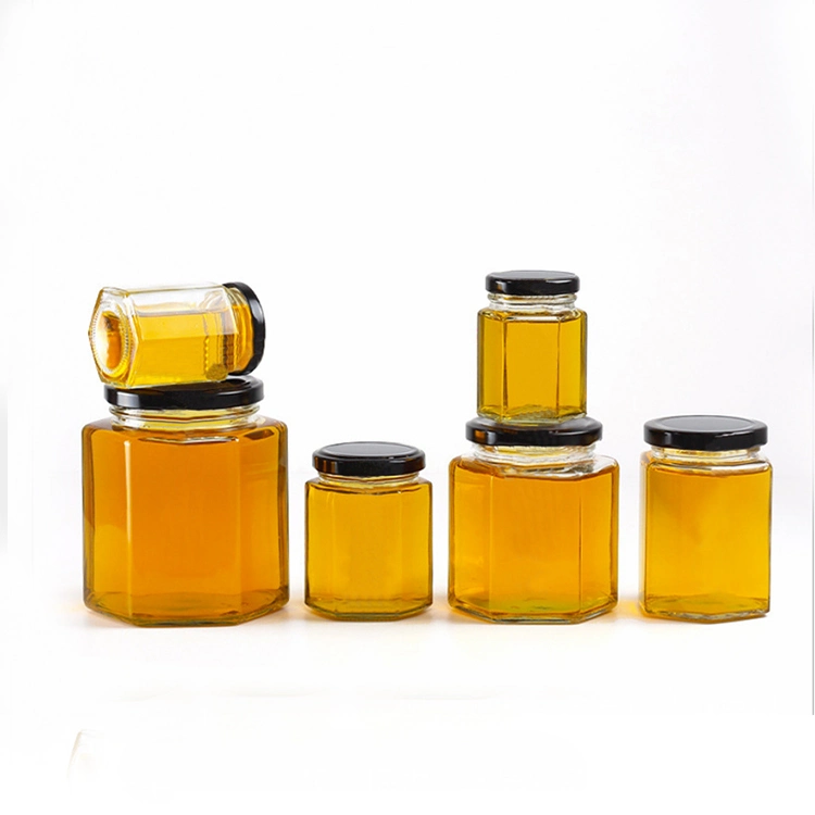 Honey Glass Jar Hexagonal Transparent Glass Honey Bottle 250ml with Tight Lid