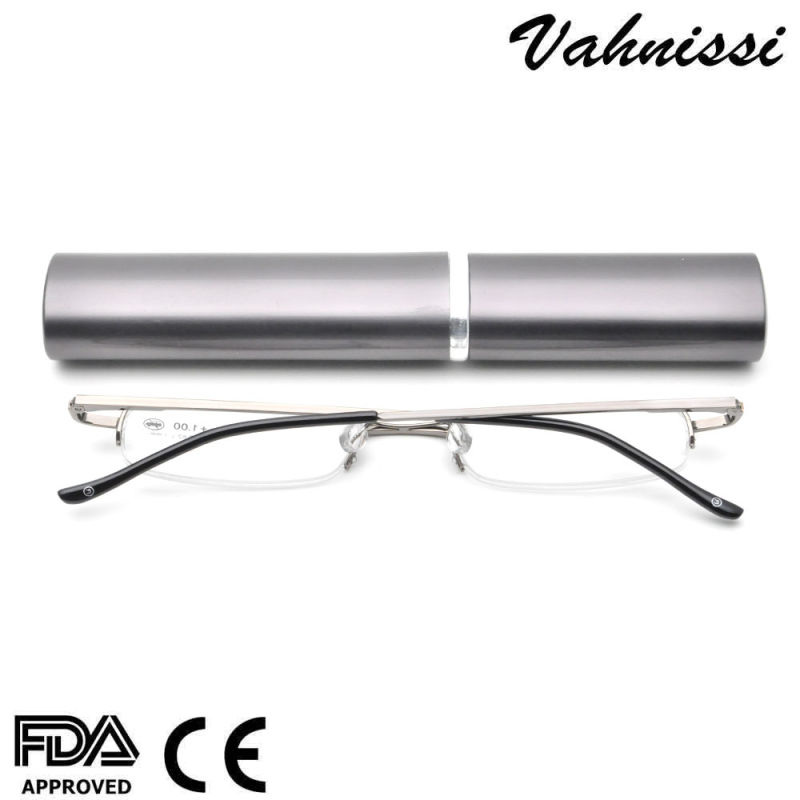 Cheapest Half Frames Tube Small Metal Reading Glasses with Metal Pen Case