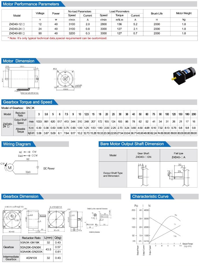 40 Watt Electric 12 Volt 24 Volt 90 Volt DC Motor with Gearbox