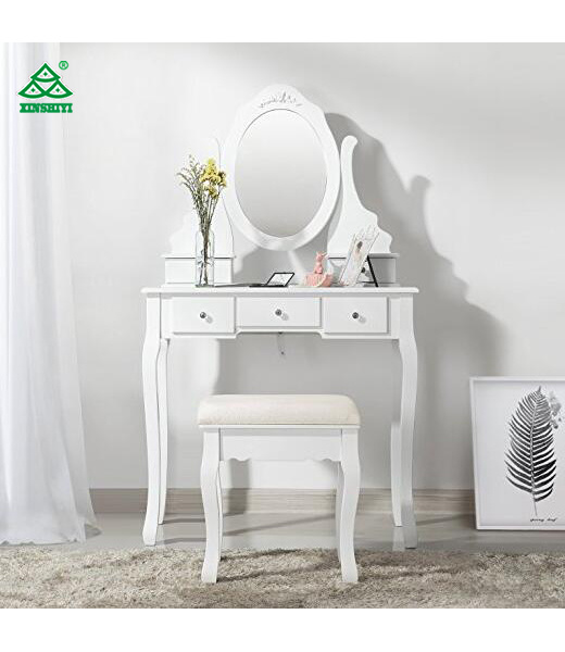 Vanity Set Mirror and Stool Make-up Dressing Table with 5 Drawers and Dividers White