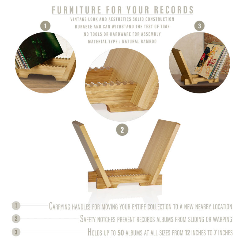 Natural Bamboo Record Holder for 45 / 7&rdquor; and 33 / 12&rdquor; Bd-3005