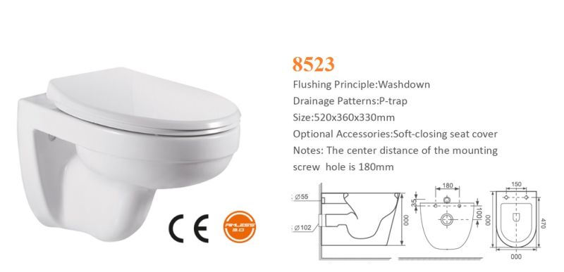 8523 Sanitary Ware, Water Closet, Ceramic Washdown Wall-Hung Toilet