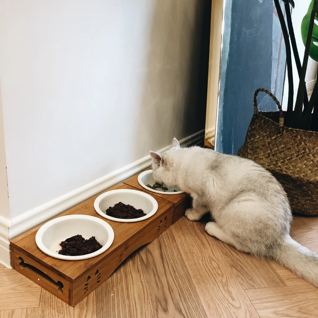 Bamboo Bowl Rack, Wooden Cat Bowl, Ceramic Double Bowl, Dog Bowl, Pet Cat Food Bowl