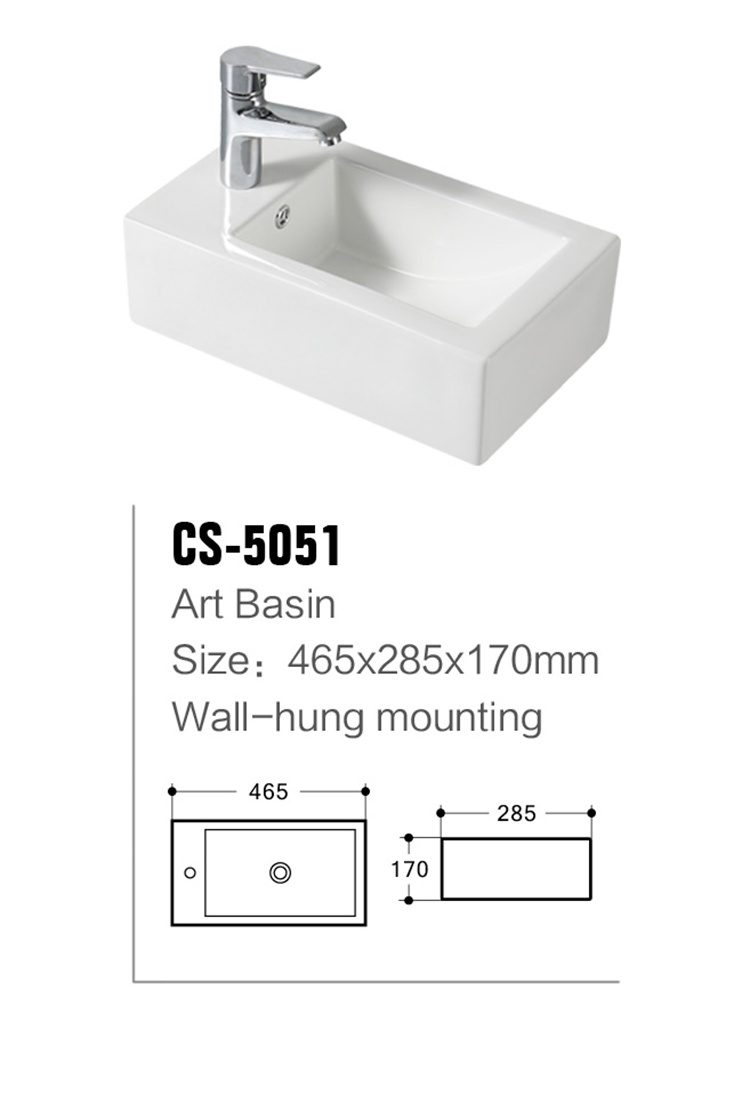 Single Faucet Bathroom Sink Rectangular Wall Mounted Wash Basin