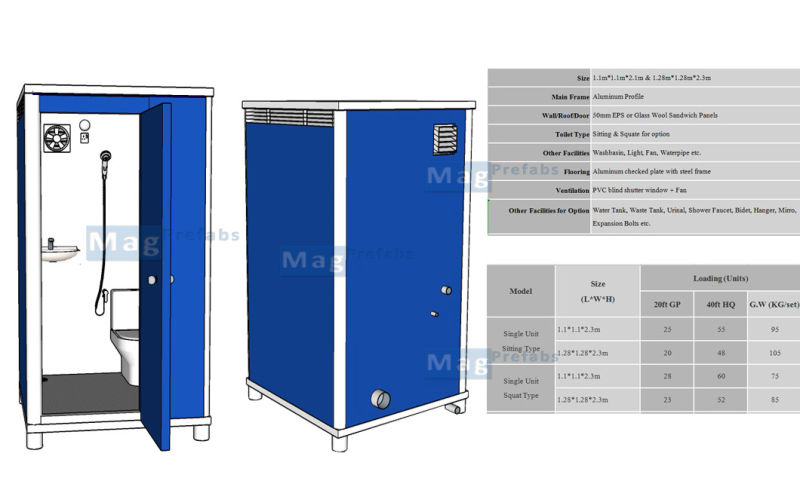 Big Size Customize Easy Installation Prefab Bathroom Mobile Shower Portable Toilet