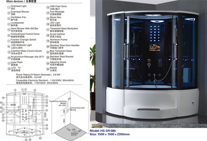 Personal Prefab Enclosed Corner Bath Steam Shower Cabin with Bathtub