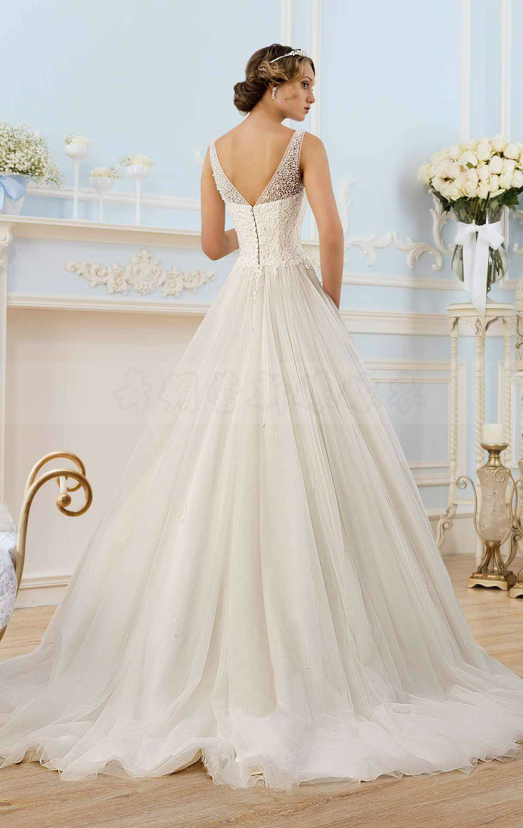 Beaded Wedding Dress Lace U-Neck A-Line Bridal Gown Sleeveless D15351