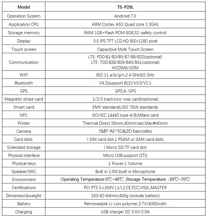 Mobile Intelligent Terminal POS Android All in One Touch Screen with Thermal Printer Ts-P20L