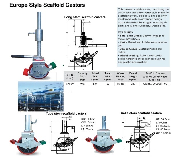 Central Locking 8 Inch Hight Roller Bearing Scaffold Caster