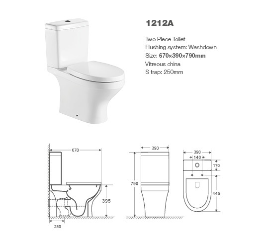 1212A Close Coupled Toilet, Two Piece Toilet, Water Closet