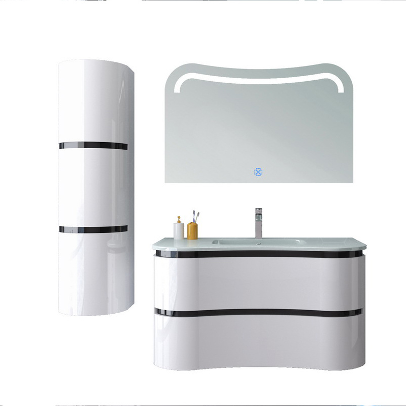 LED Light Top Mirrored Bathroom Vanity Wall Mounted with Side Cabinet