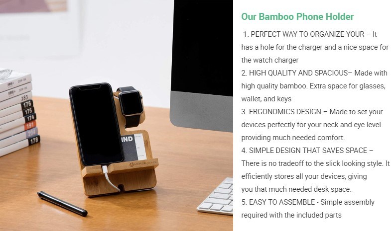 Bamboo Phone Charger Holder Removable Desk Organizer for iPad, Watch