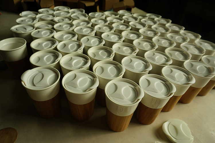 Eco-Friendly Ceramic White Inner with Bamboo Outside Bamboo Mug for Drinking