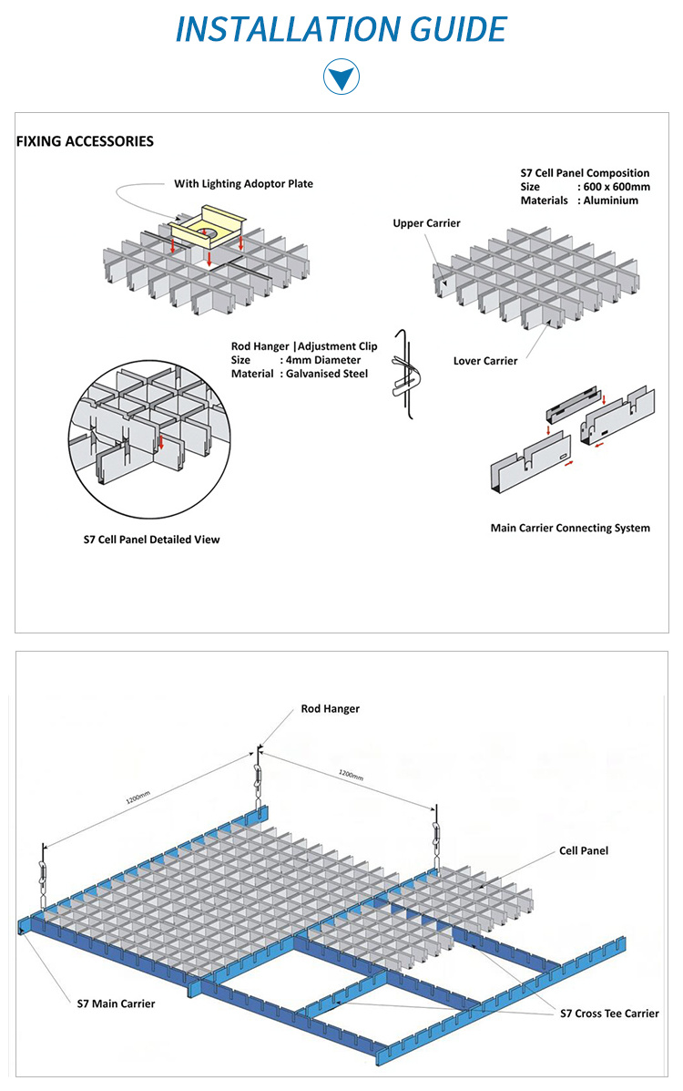 Suspended Grid Metal Open Cell Ceiling Shopping Mall Decorative