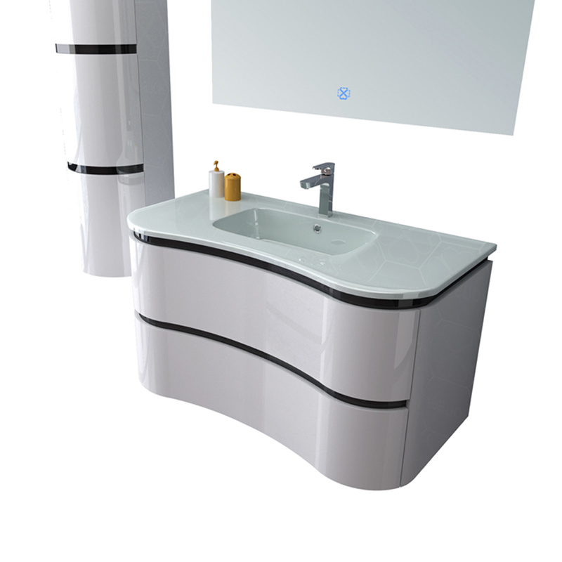 LED Light Top Mirrored Bathroom Vanity Wall Mounted with Side Cabinet