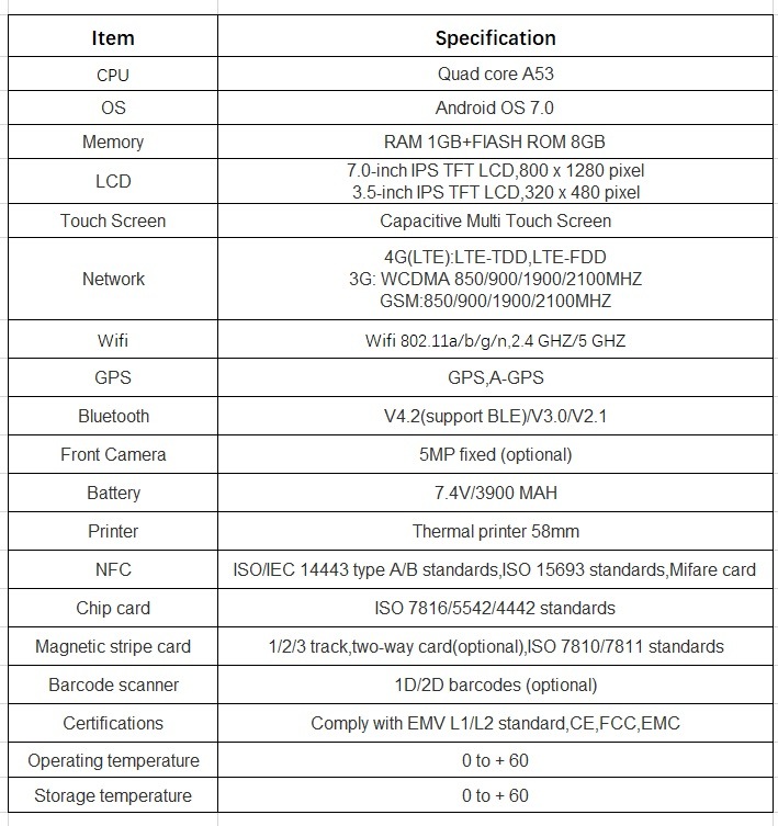 PT7003 All in One POS Terminal Smart Tablet Payment with 58mm Printer