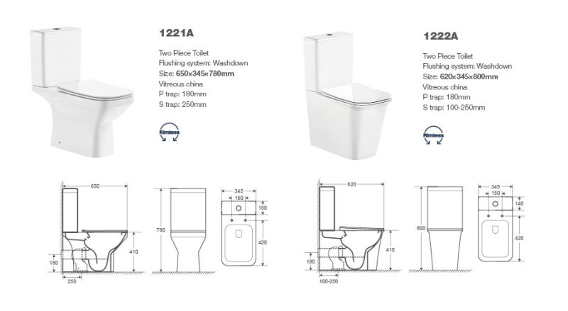 1215A White Ceramic Wc, Rimless Toilet, Two Piece Toilet, Close Coupled Toilet