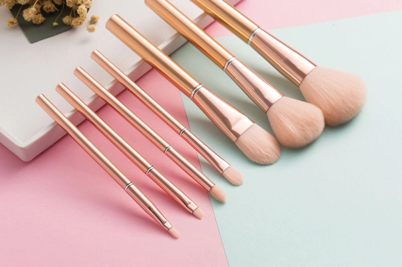 7PCS Rose Glod Ferrule Brush Set Rose Gold Aluminum Handle Makeup Brush