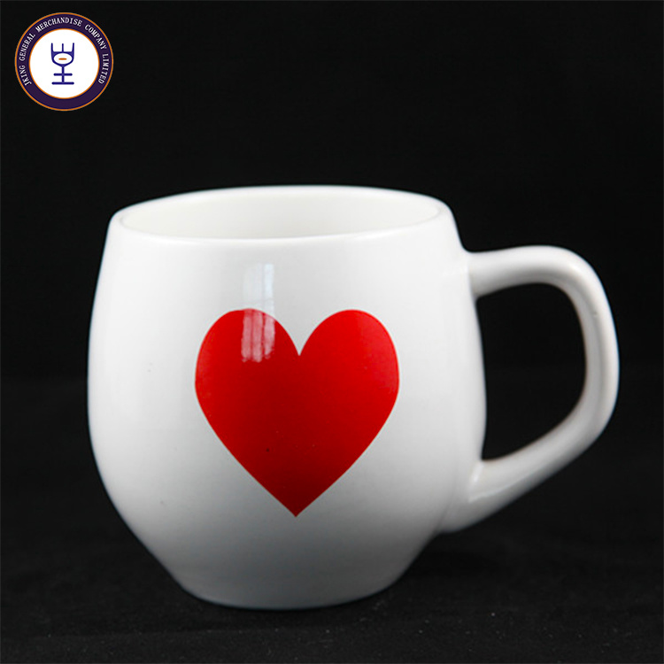 White Color Ball Shape Porcelain Mugs with Red Heart Printing